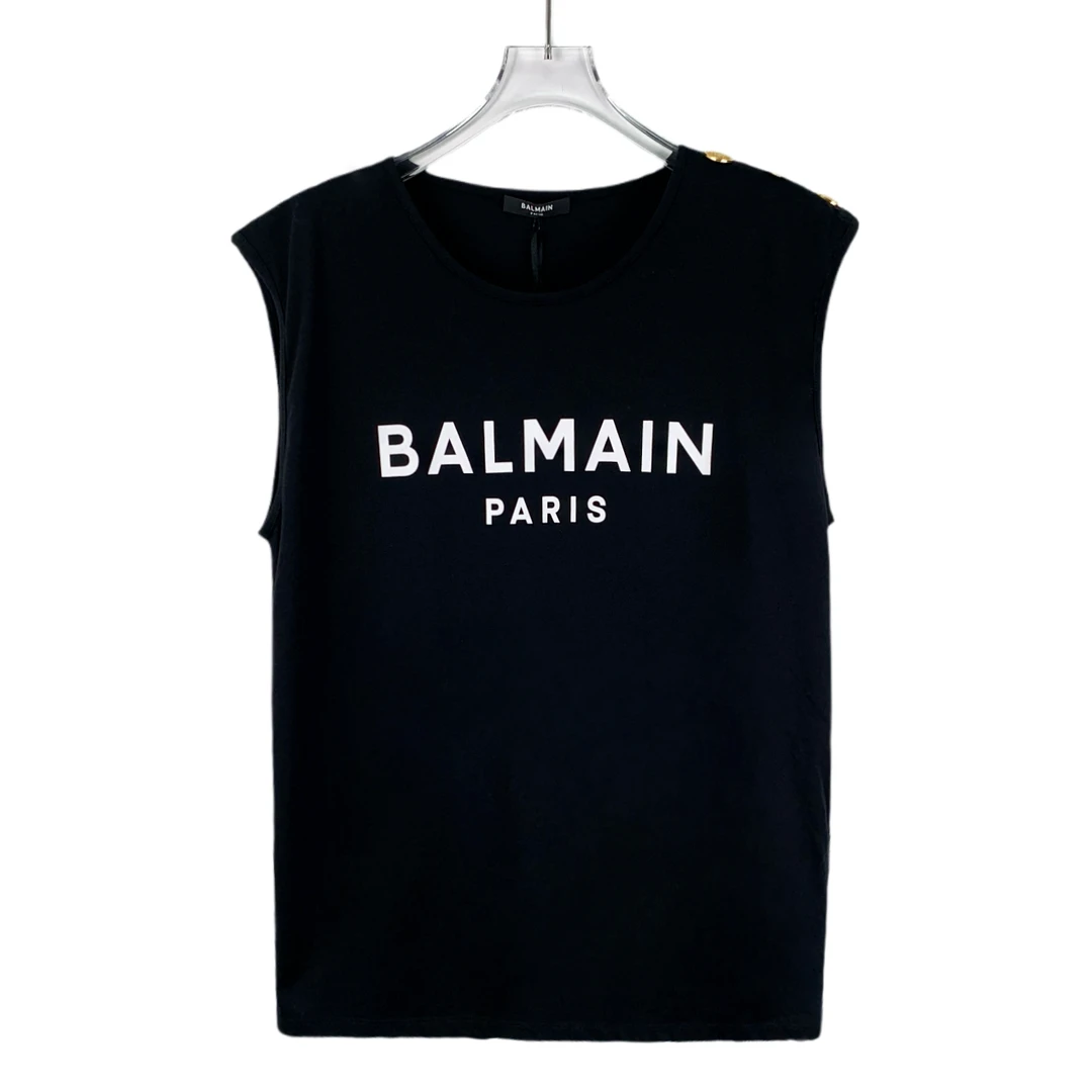 未使用 BALMAIN/巴尔曼 EW0229 黑色logo字母印花休闲背心 M码
