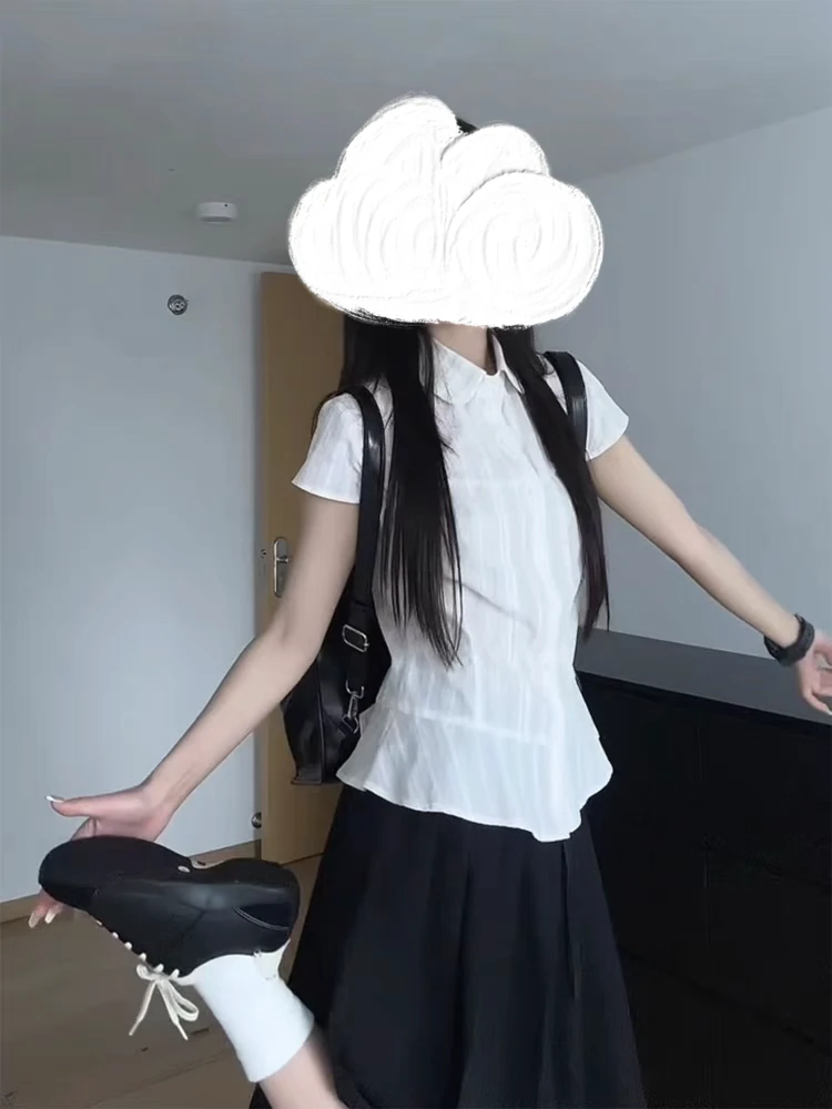 韩系甜美条纹收腰正肩短袖衬衫女夏季独特设计感小众修身衬衣上衣