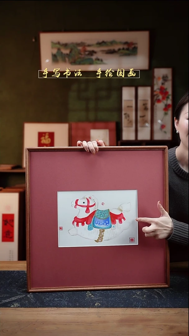 国画小白马 实木52*52cm