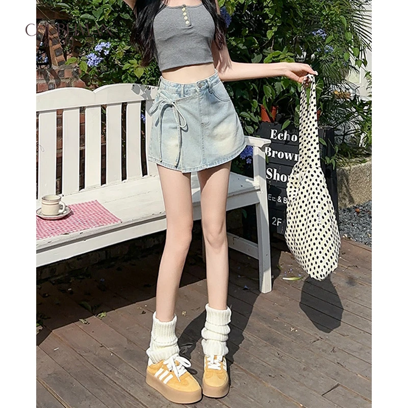 【小个子定制】2025新款奶蓝色牛仔高腰短裙裤设计感绑带显瘦裙裤