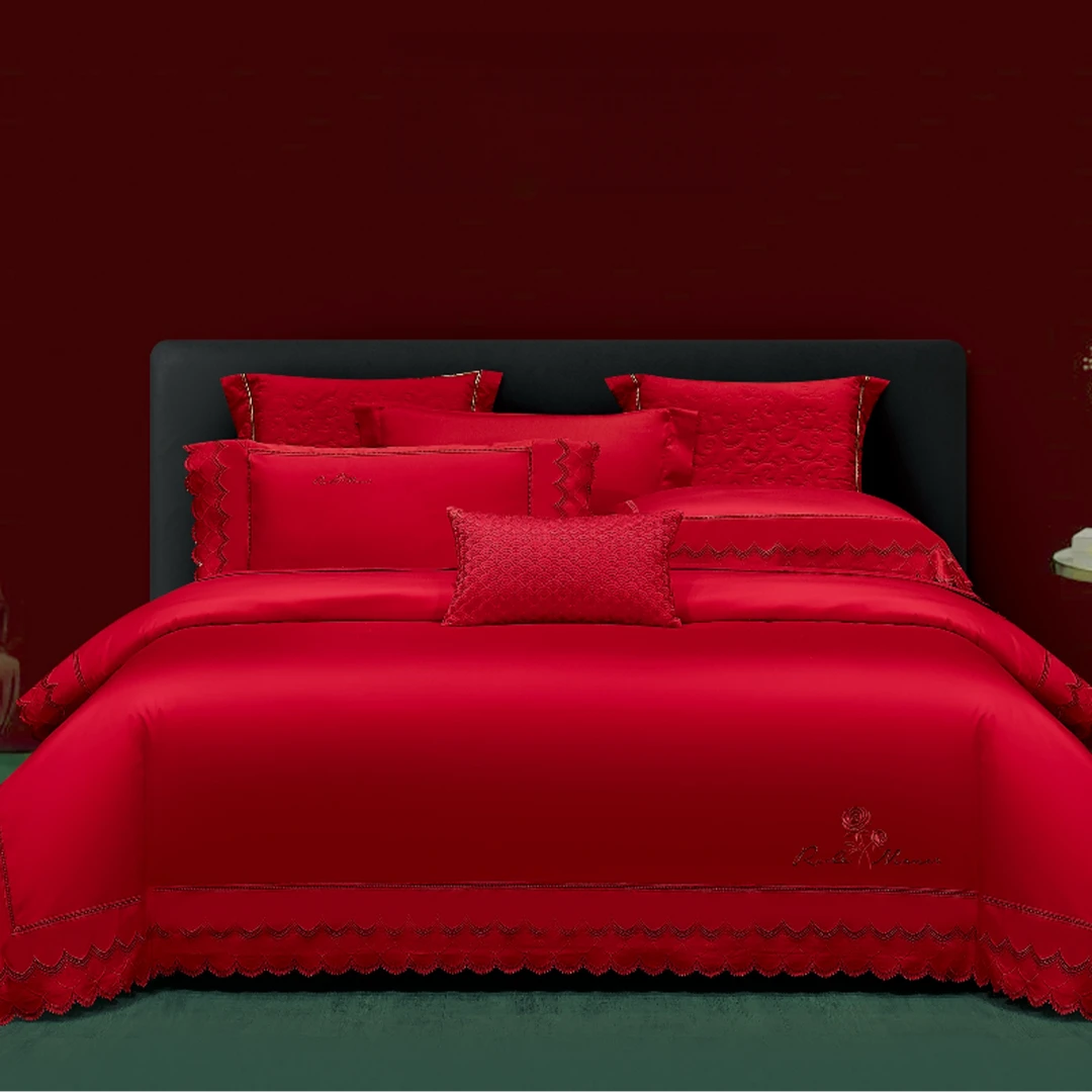 情诗 匹马棉纯色花边结婚四件套大红婚庆床上用品四件套【黄一恒】