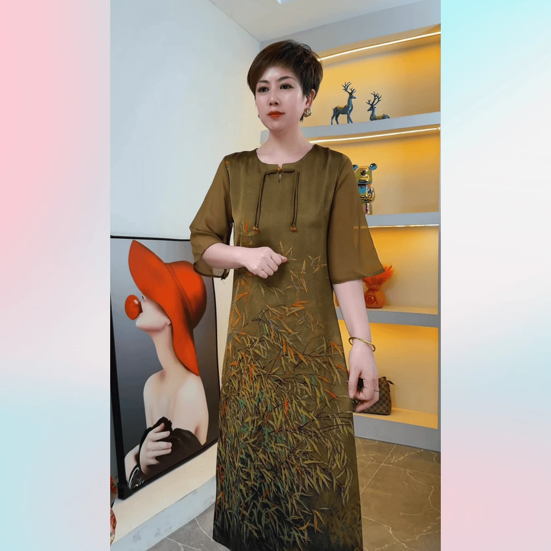夏季新款遮肉显瘦盘口竹林气质时尚妈妈装连衣裙