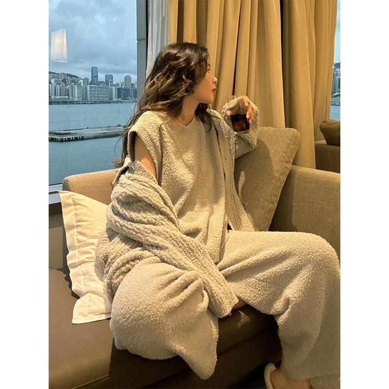 韩系高级感针织半边绒睡衣套装女秋冬季新款加厚保暖家居服三件套