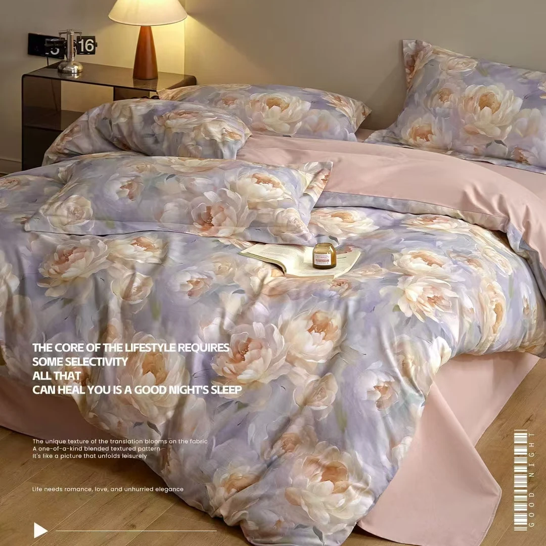 C7827 高端纯棉120s双股数码印花小拼角四件套 妮蒂娅200*230欧式