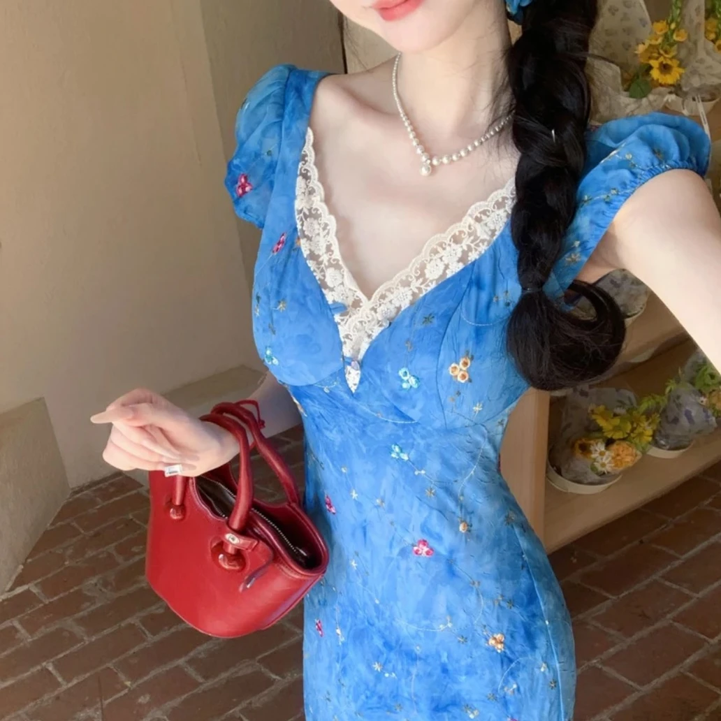 雅乔【卡普里蓝调】双版本绣花短袖连衣裙+荷叶边无袖两穿连衣裙