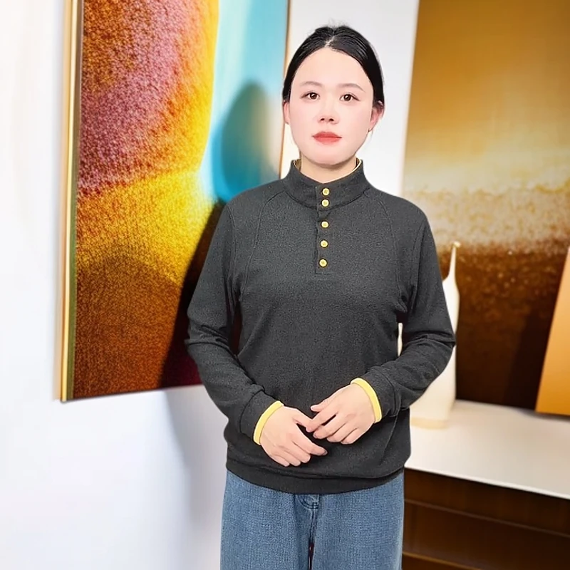 1001双面奥绒中领卫衣新款2024冬季休闲时尚拼接高领打底衫长袖