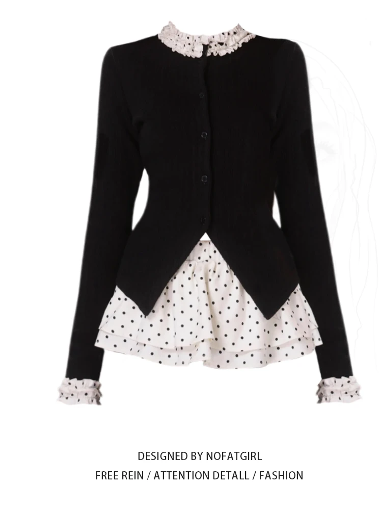 300斤大码胖mm假日波点撞色拼接精致少女上衣女秋季裙帘叠穿套装