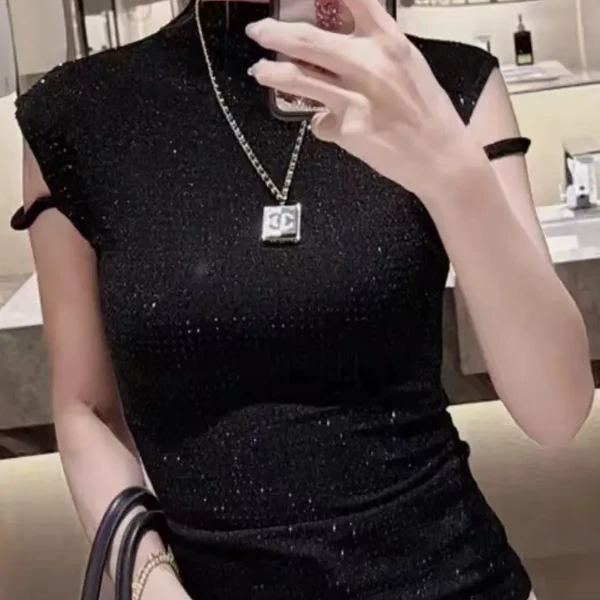时尚内搭百搭满钻上衣带panins短袖洋气黑色打底衫夏季8020048304