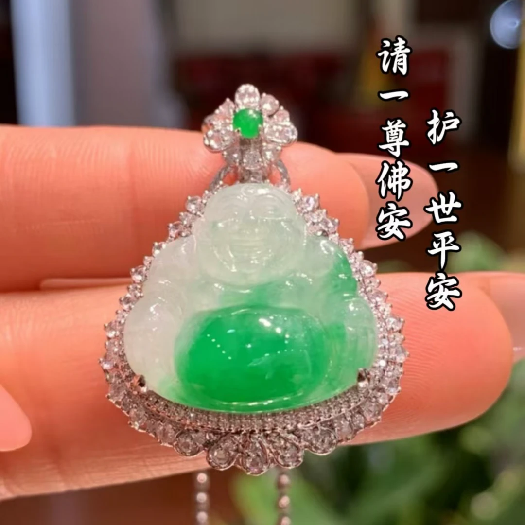 天然A货缅甸翡翠18K金镶嵌水润肚里藏金佛公吊坠881206