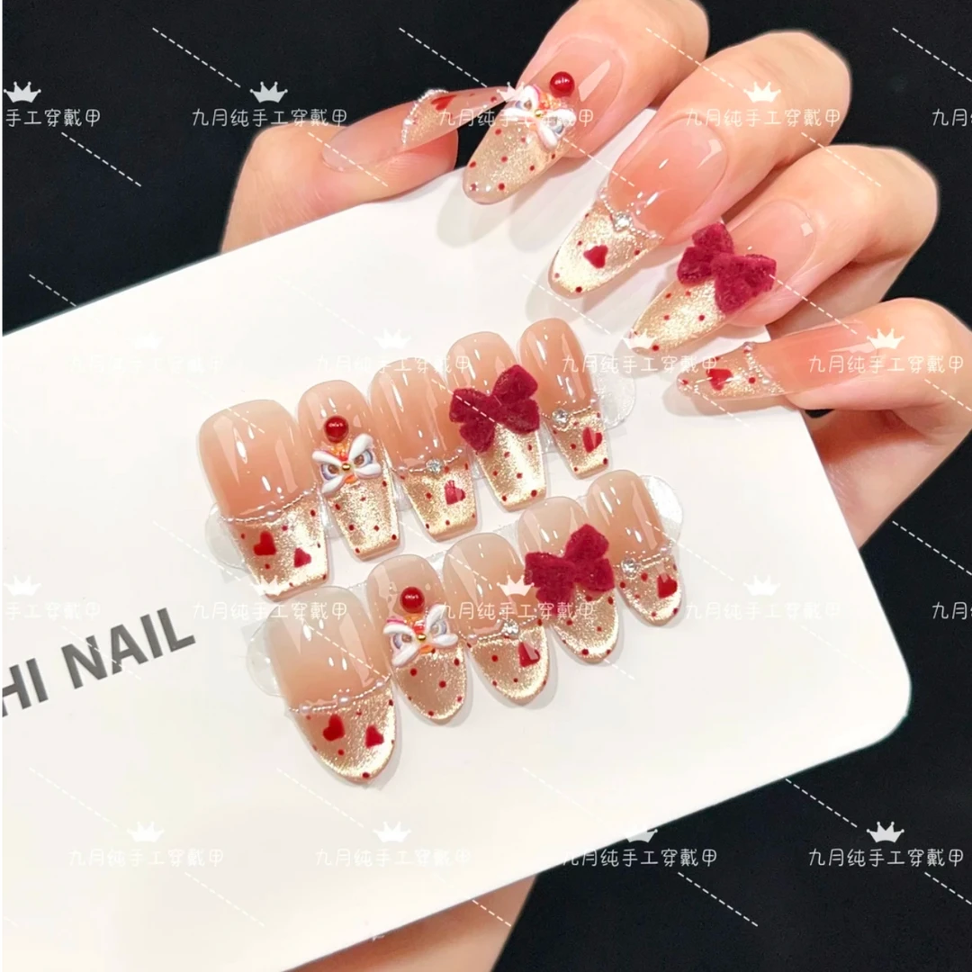 【心悦醒狮】现货手工穿戴甲手绘立体醒狮新年显白猫眼美甲贴片