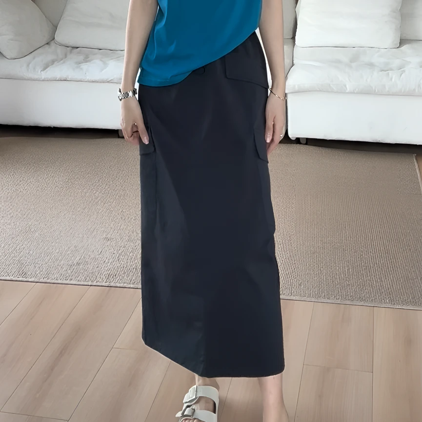 【余欢欢】夏季时尚休闲百搭通勤显瘦后开叉半身裙-YHQ50081