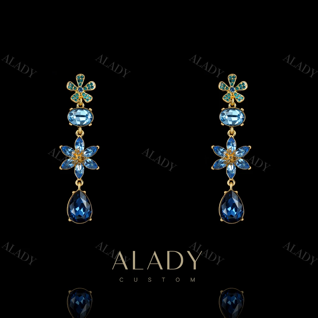 合金合成锆石耳饰 蓝色花朵镶嵌多色耳饰-ASK2603