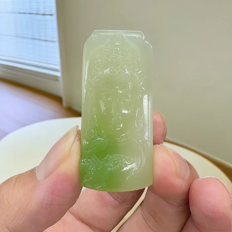 和田玉翠青观音莲花牌子观自在挂件吊坠手工