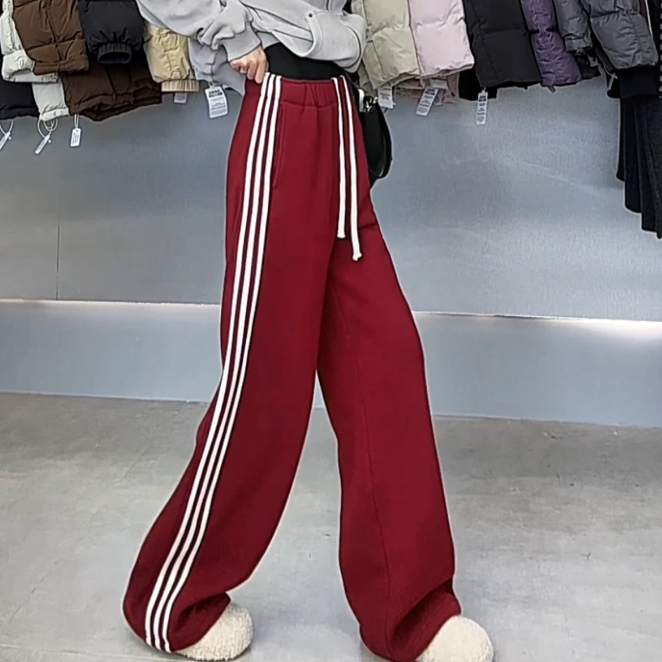 【YL严选】2025冬季新款加绒加厚竖条撞色百搭直筒休闲裤女束脚卫裤