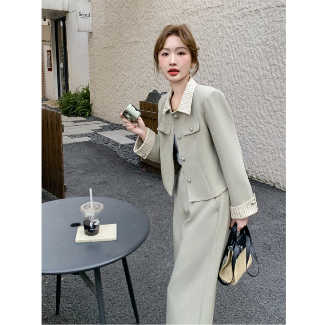 〈纪朵研〉1242时尚气质套装女拼接外套秋季新款直筒阔腿裤两件套