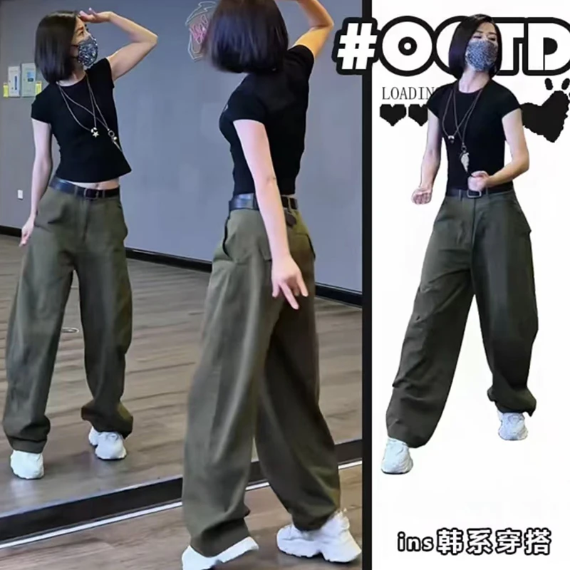 新款时尚大码女装宽松显瘦弯刀休闲工装裤梨形身材高腰阔腿裤子