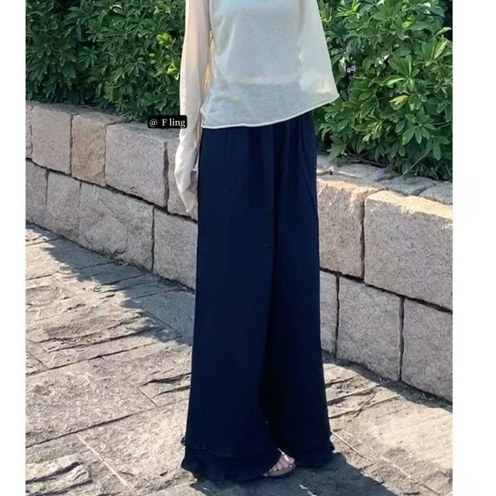 【芳龄F.LING】下脚风琴褶木耳边休闲直筒裤垂感百搭设计感FL0725
