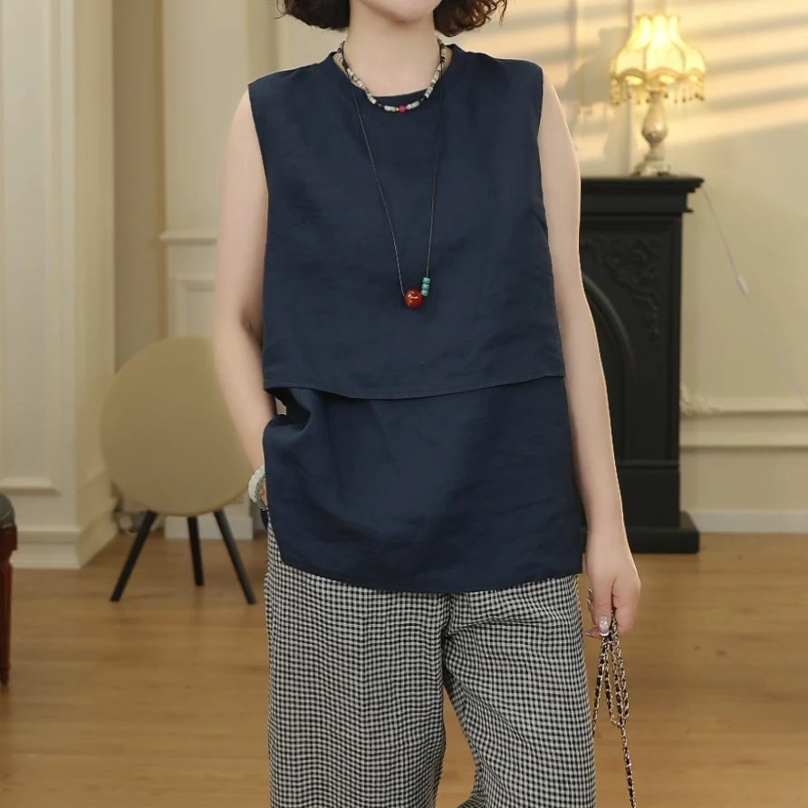 【橘猫美依】雨露亚麻百搭无袖螺纹圆领T恤设计感小衫女 K911