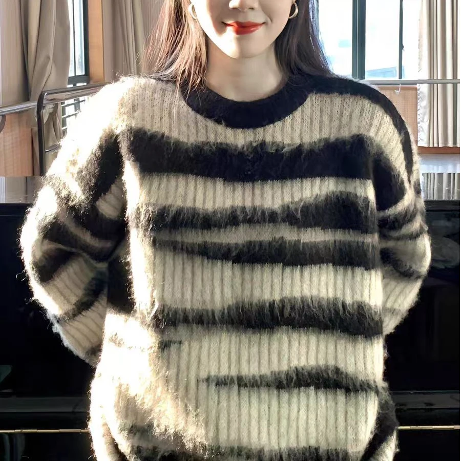 条纹美式复古毛衣潮牌秋冬慵懒情侣针织衫8732