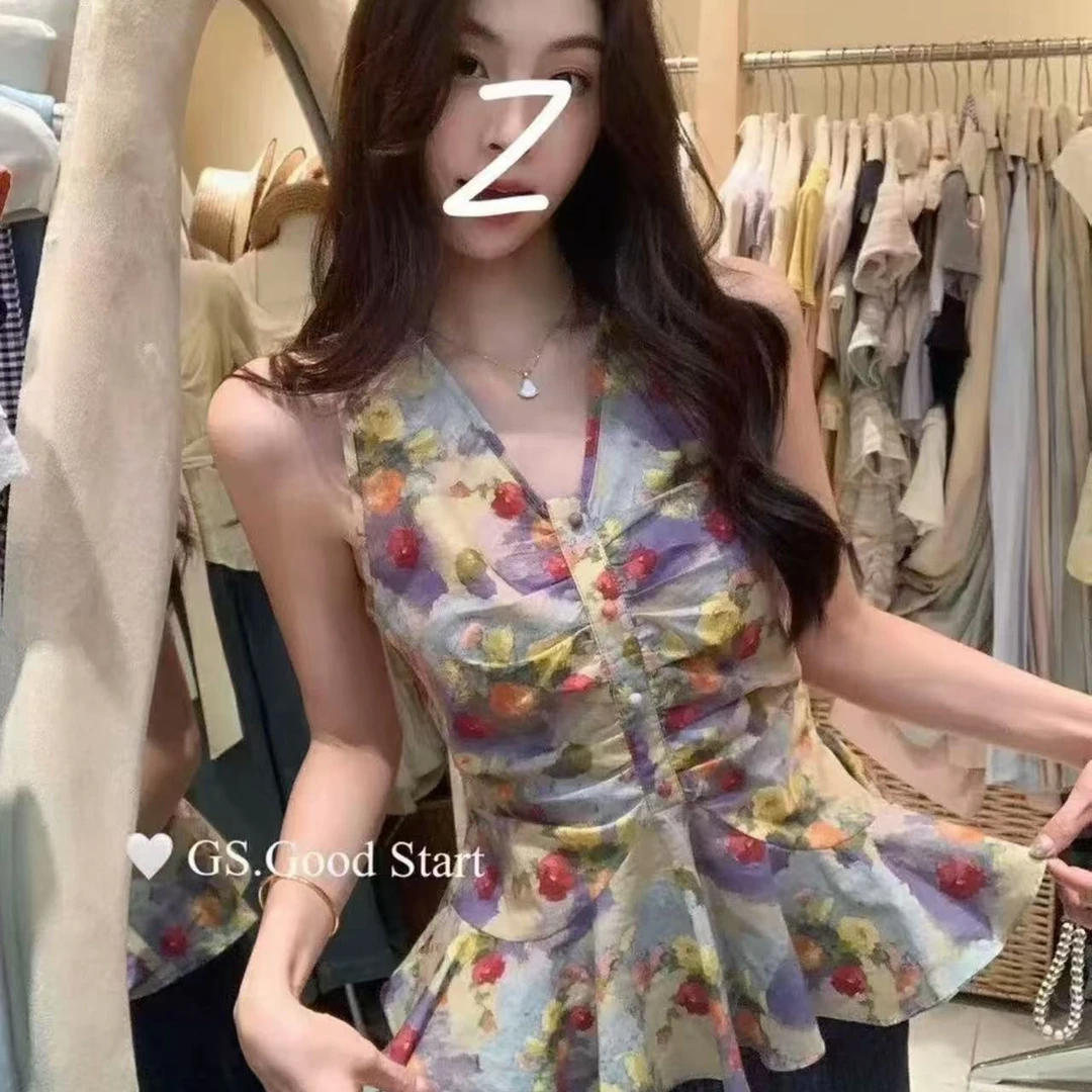 法式复古油画晕染碎花氛围感气质小衫洋气时髦V领收腰显瘦背心女