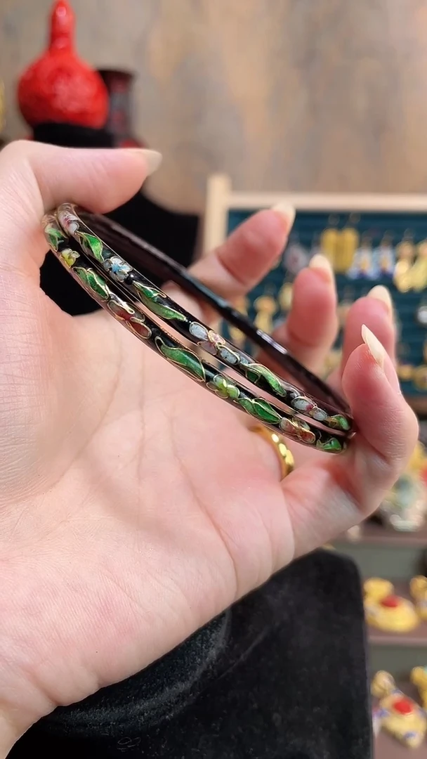 非遗手工艺景泰蓝手镯 叮当镯 55-64 两只一套 黑色