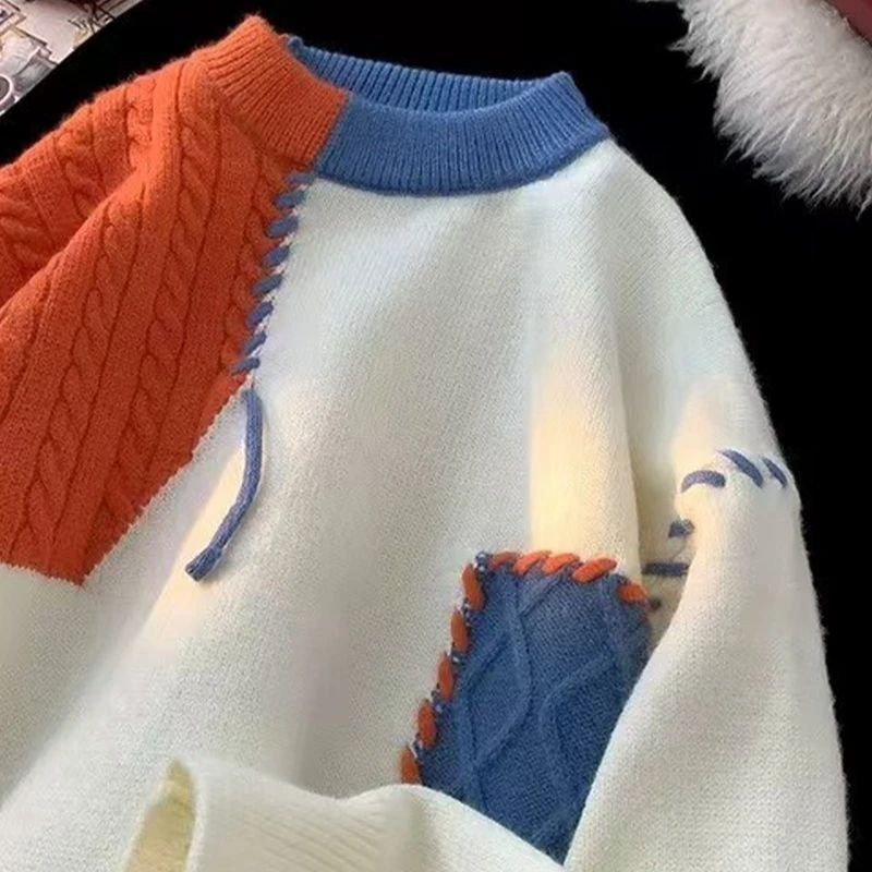 DeweLvum新款拼接撞色时尚毛衣男宽松休闲套头圆领针织衫上衣男潮