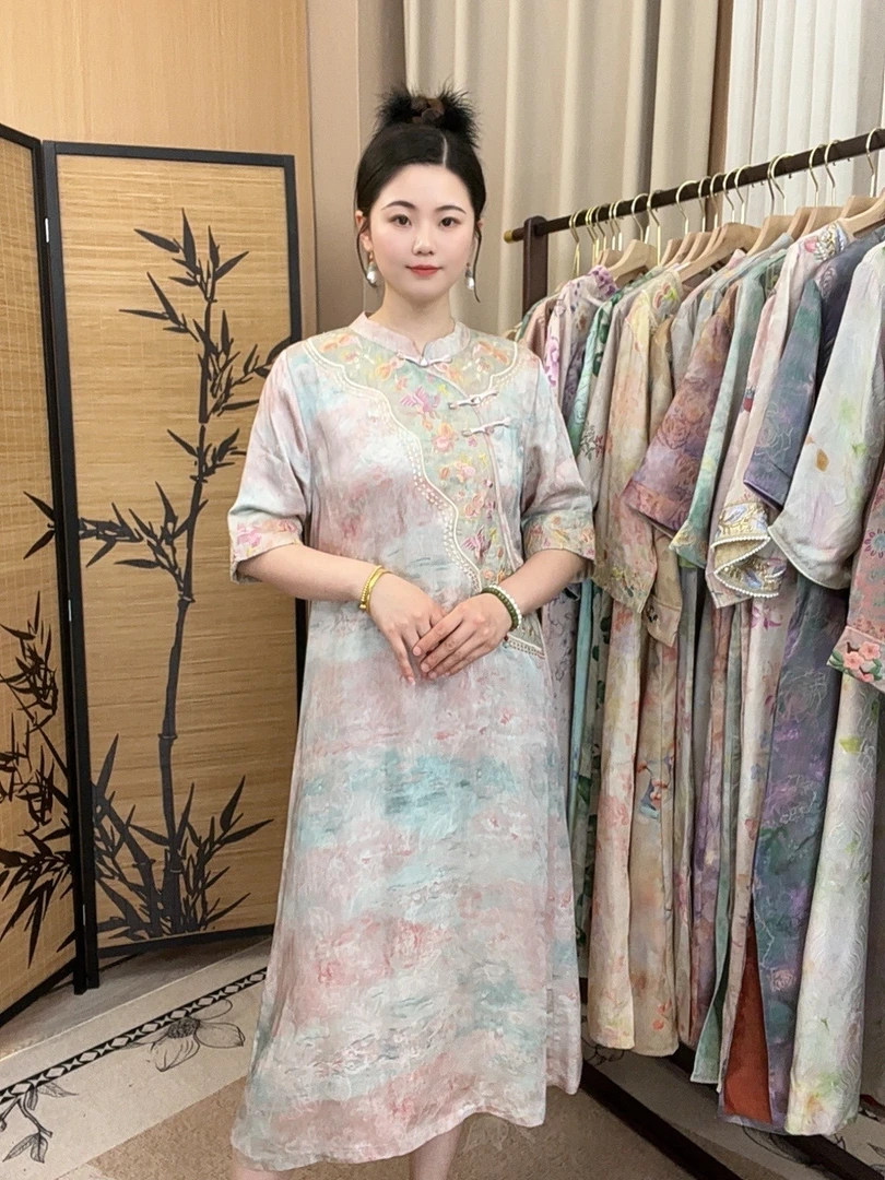 【粉樱】夏季高端时尚气质印花复古中长款新中式日常女装连衣裙