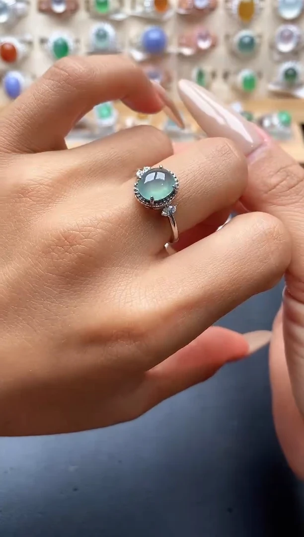 银S925镶嵌戒指翡翠缅甸天然A货翡翠1 3-4