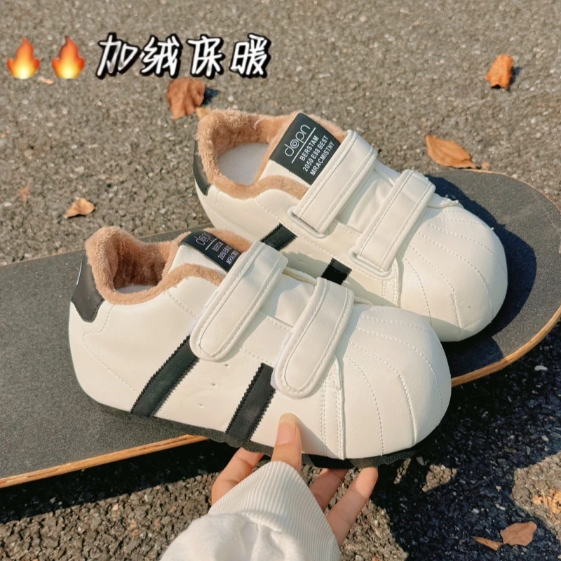 魔术贴丑萌贝壳头德训面包鞋女2025冬新款百搭增高运动加绒小棉鞋