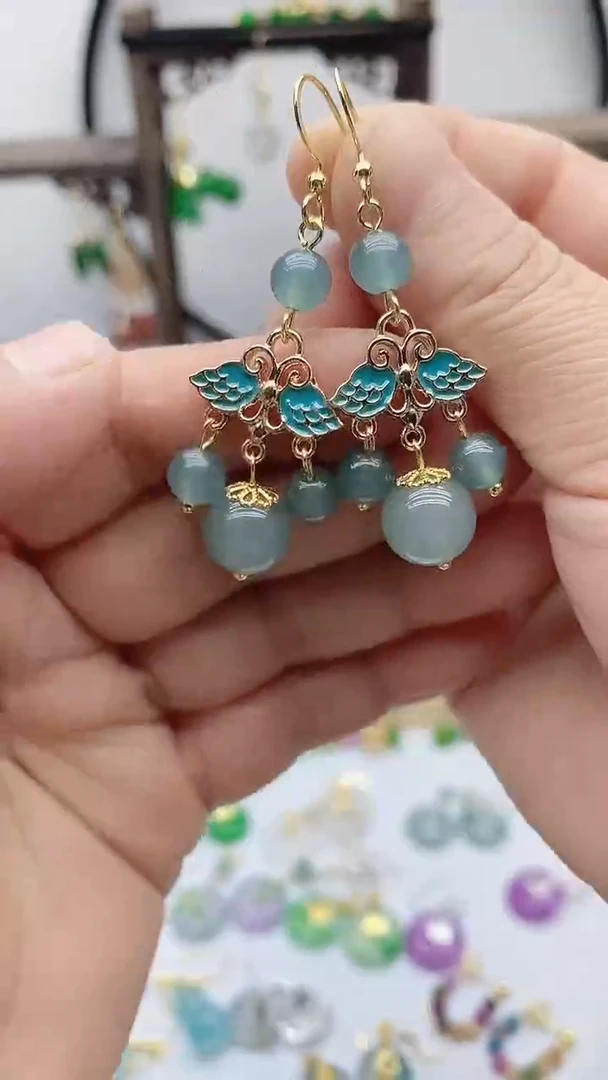 14K金镶嵌石英质玉（天山翠）耳饰167