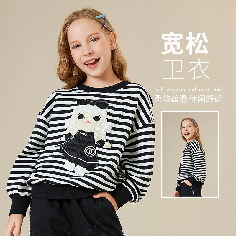 女童春秋休闲卫衣儿童中大童间条圆领韩版宽松女孩黑色时髦上衣
