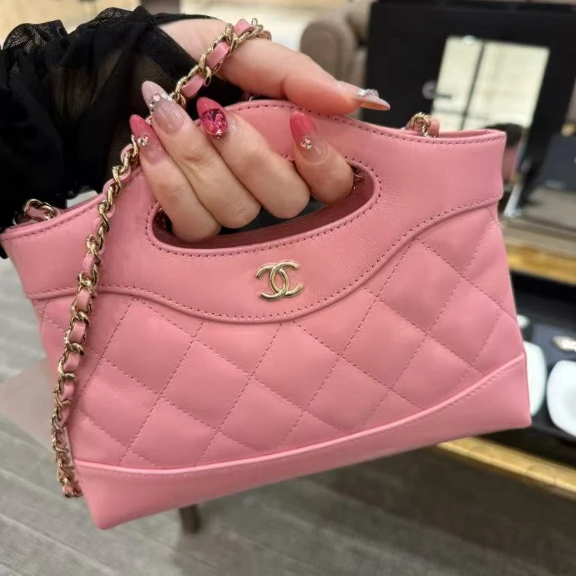 95新 Chanel/香奈儿 GGS25p 31bag nano粉金油蜡牛皮单肩12495016