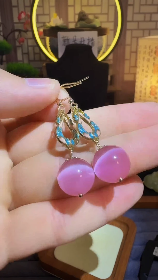 碧玺猫眼耳饰14K金镶嵌E54