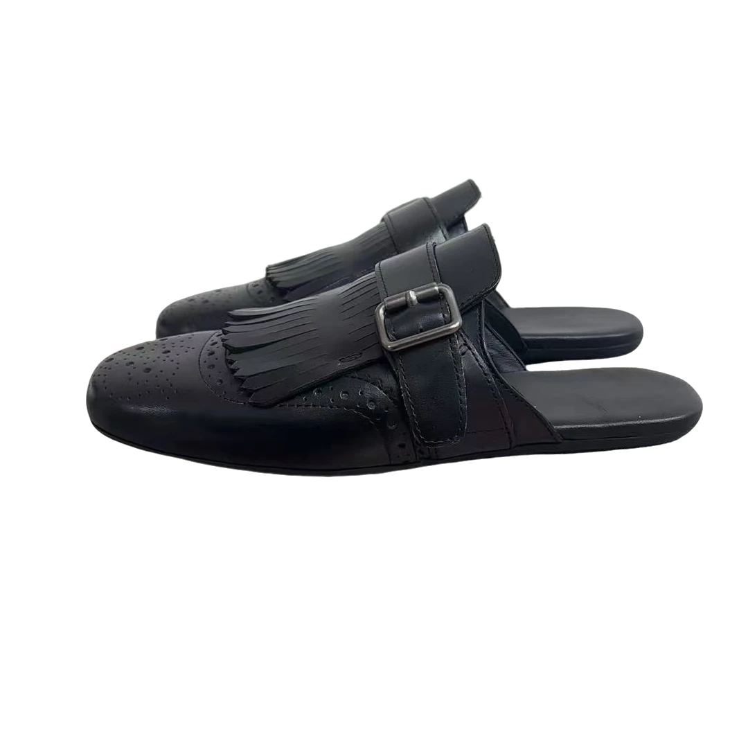 2025新款时尚百搭复古潮流经典流苏包头牛皮穆勒女款平底拖鞋