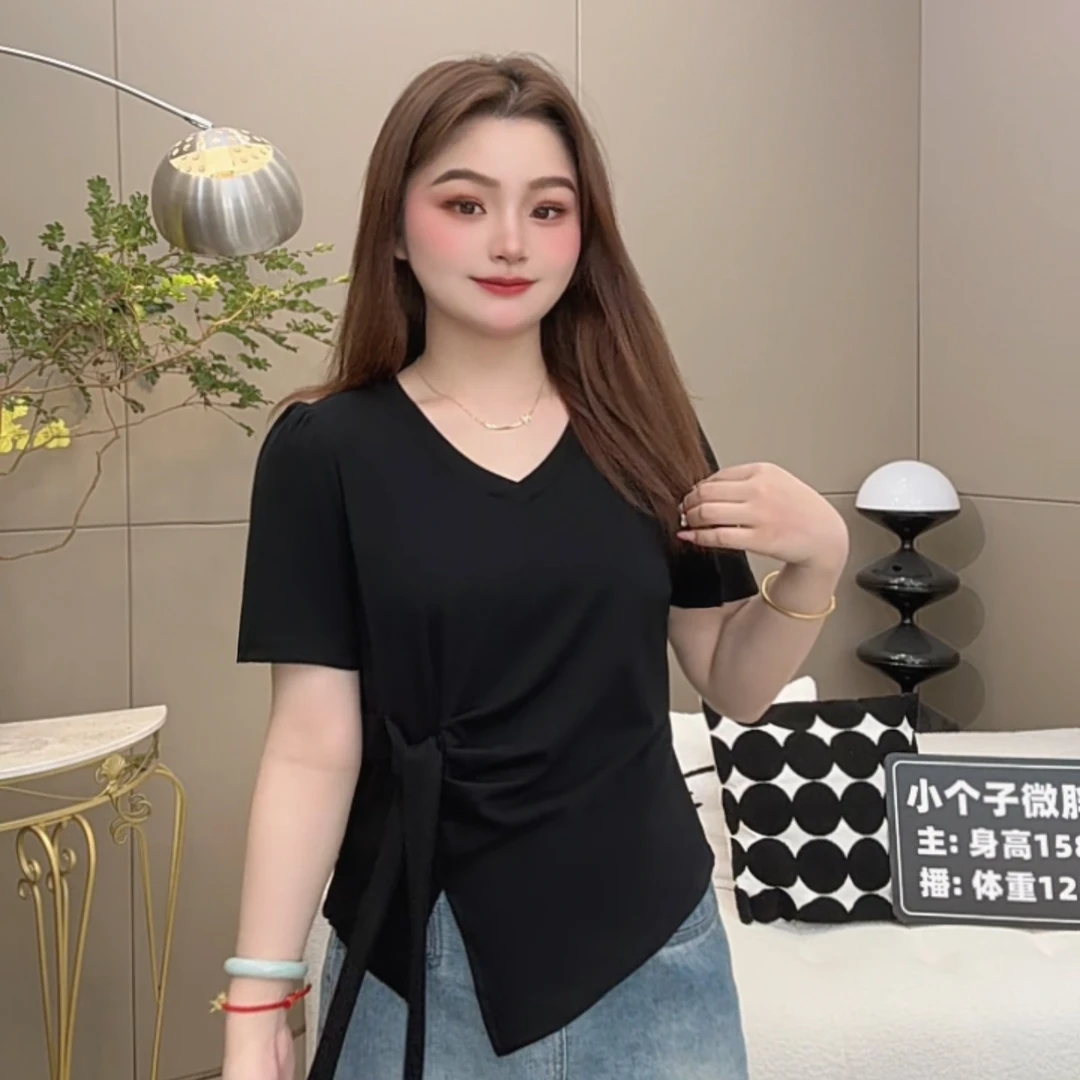 2025夏季新款胖mm大码女装韩系飘带设计下摆不规则遮肉显瘦上衣