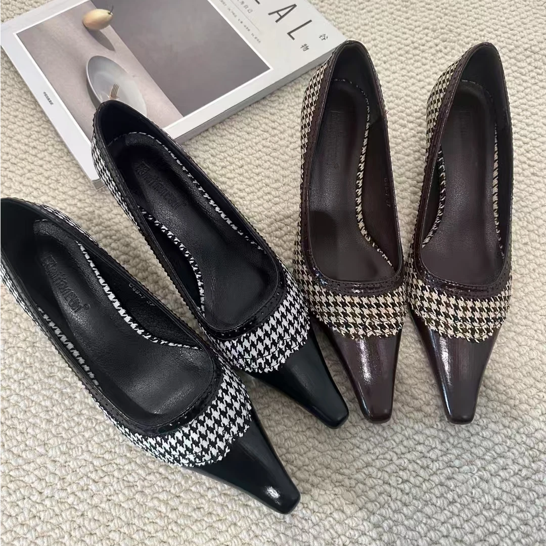 浅口细跟高跟鞋2025春季新款小众千鸟格小香风拼色法式尖头单鞋女