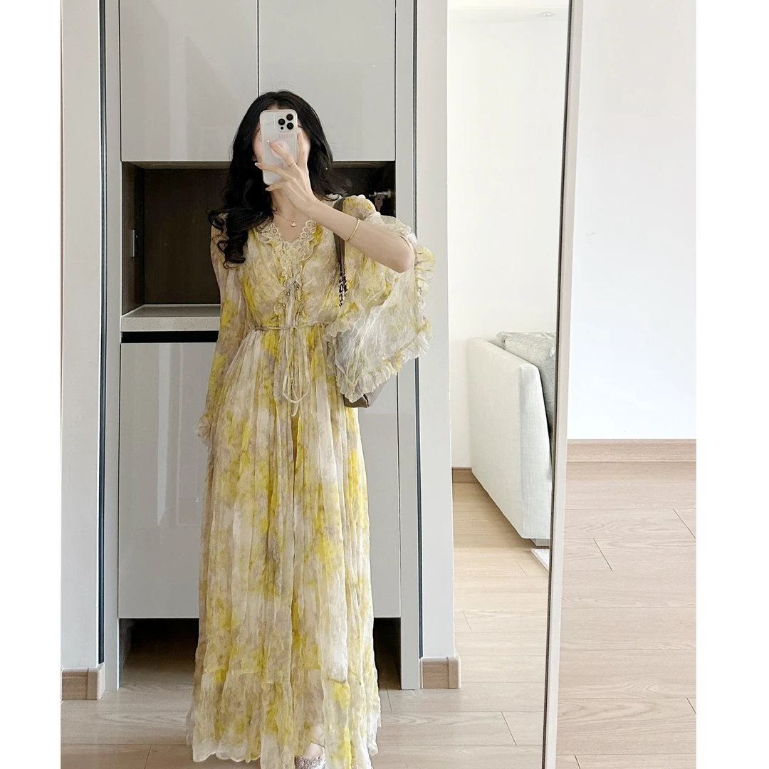 法式高级感显瘦长裙遮肉气质女神范浪漫黄色碎花晕染连衣裙子