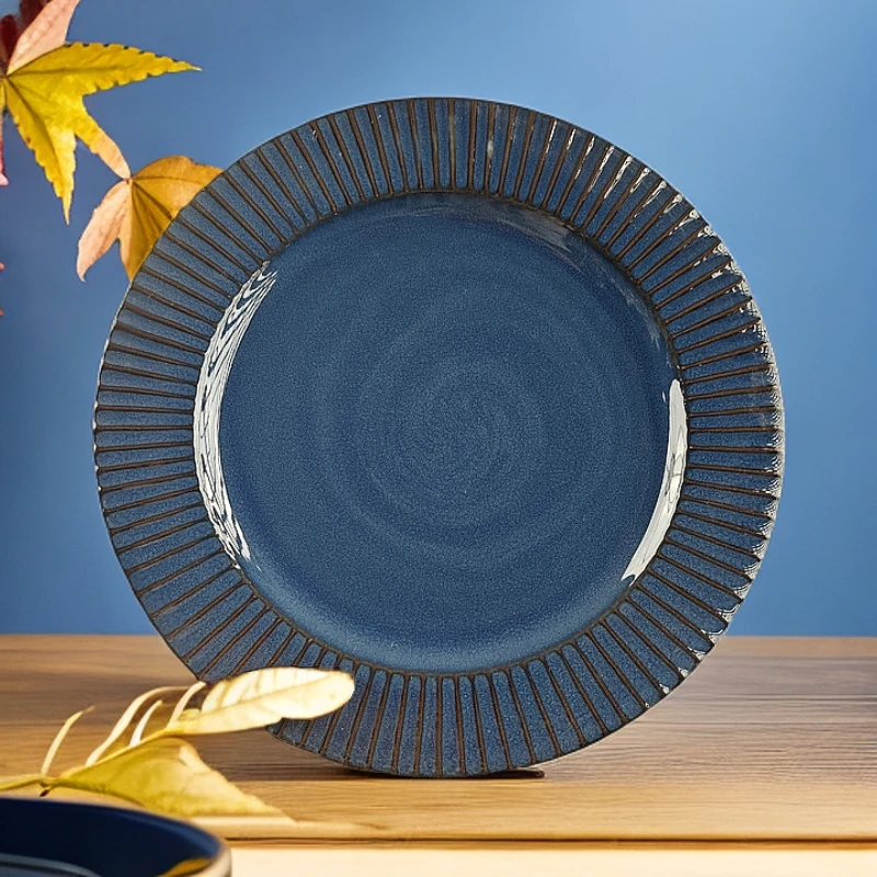 528微瑕蓝浮雕窑变陶瓷10.5寸海鲜盘餐具