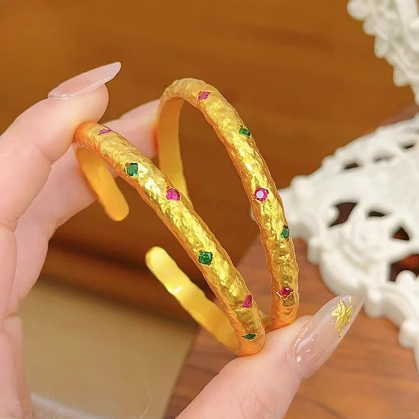 铜合金手镯 新中式古法点钻锤纹手镯实心开口镯子复古高级女款