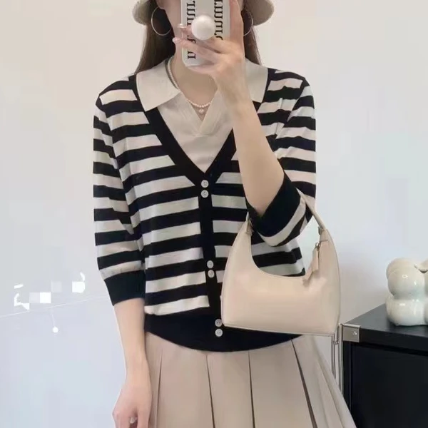 711#假两件中袖针织衫显瘦时尚百搭翻领3 89