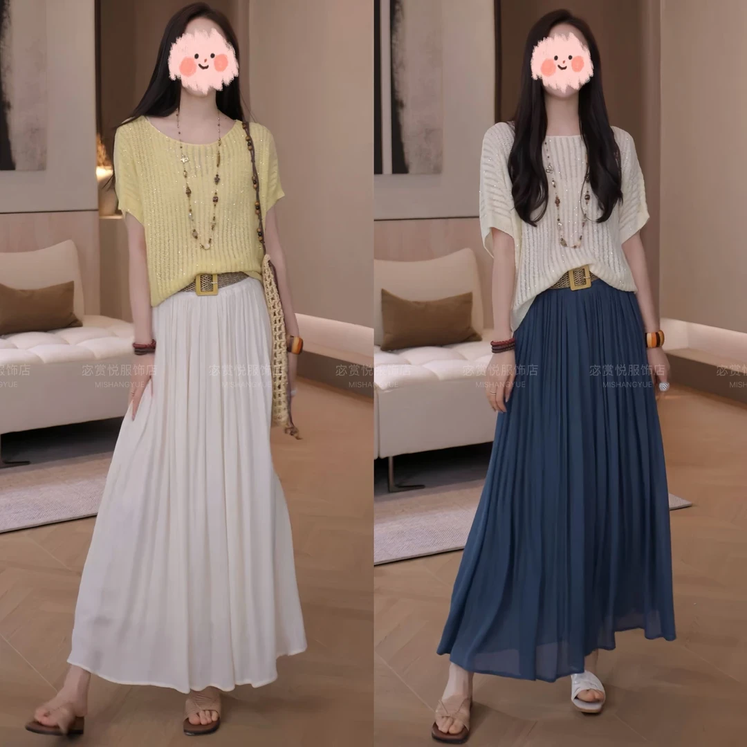 夏季宽松亮片蝙蝠袖针织衫女2025时尚慵懒百搭显瘦透气短袖上衣