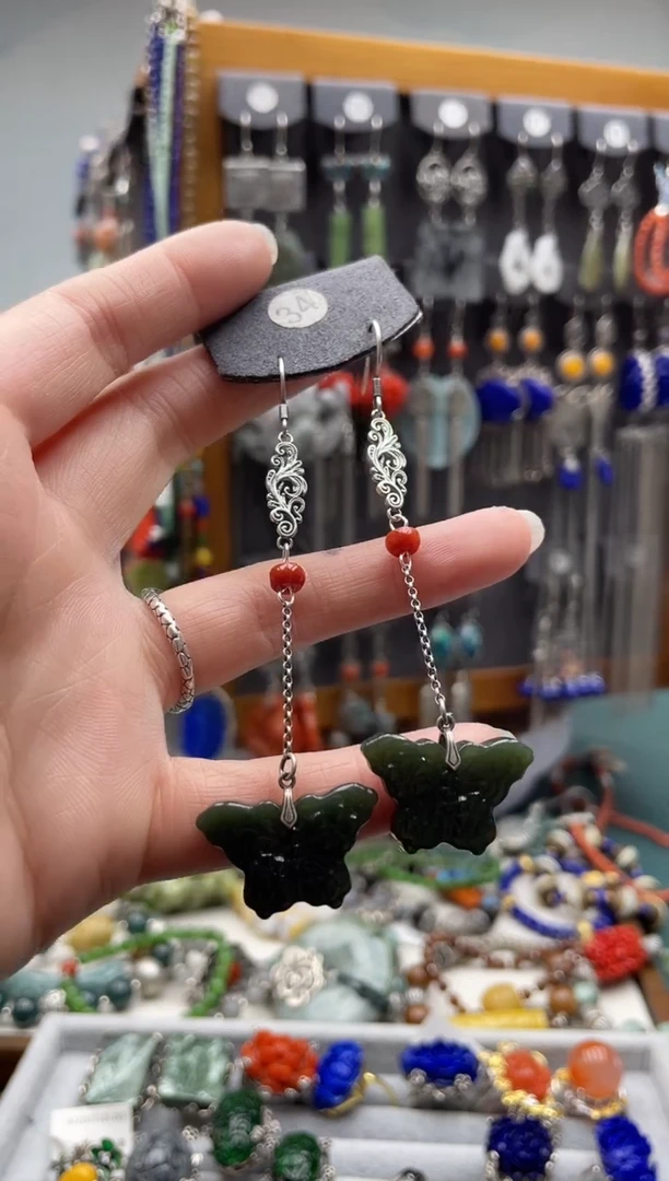 【闪购商品】和田玉耳饰银S925镶嵌饰品