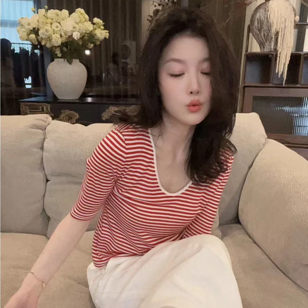 【悦悦专属】夏季显瘦简约撞色条纹短袖上衣Y526