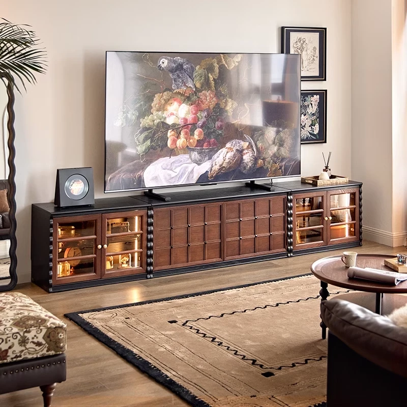 法式中古风客厅电视柜2025新款原木风实木简约电视柜骨骼线落地柜