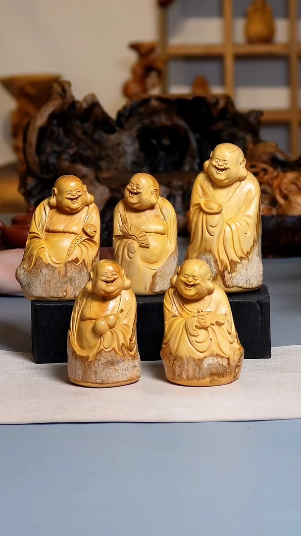 木一套小叶黄杨五福临门弥勒+底座
