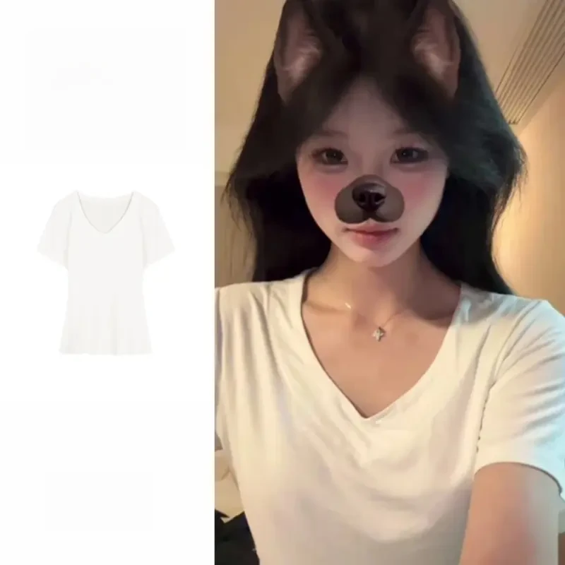 2025春夏季v领短袖T恤女修身显瘦纯色百搭纯欲风韩版显身材上衣服
