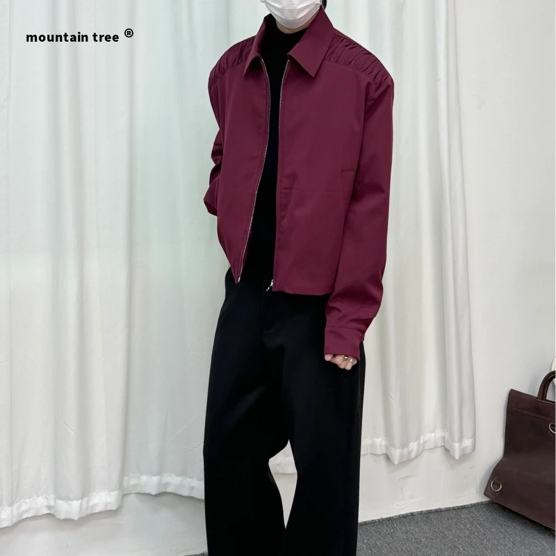 mountain tree夹棉压褶短宽夹克外套挺括色纺面料长袖翻领外套