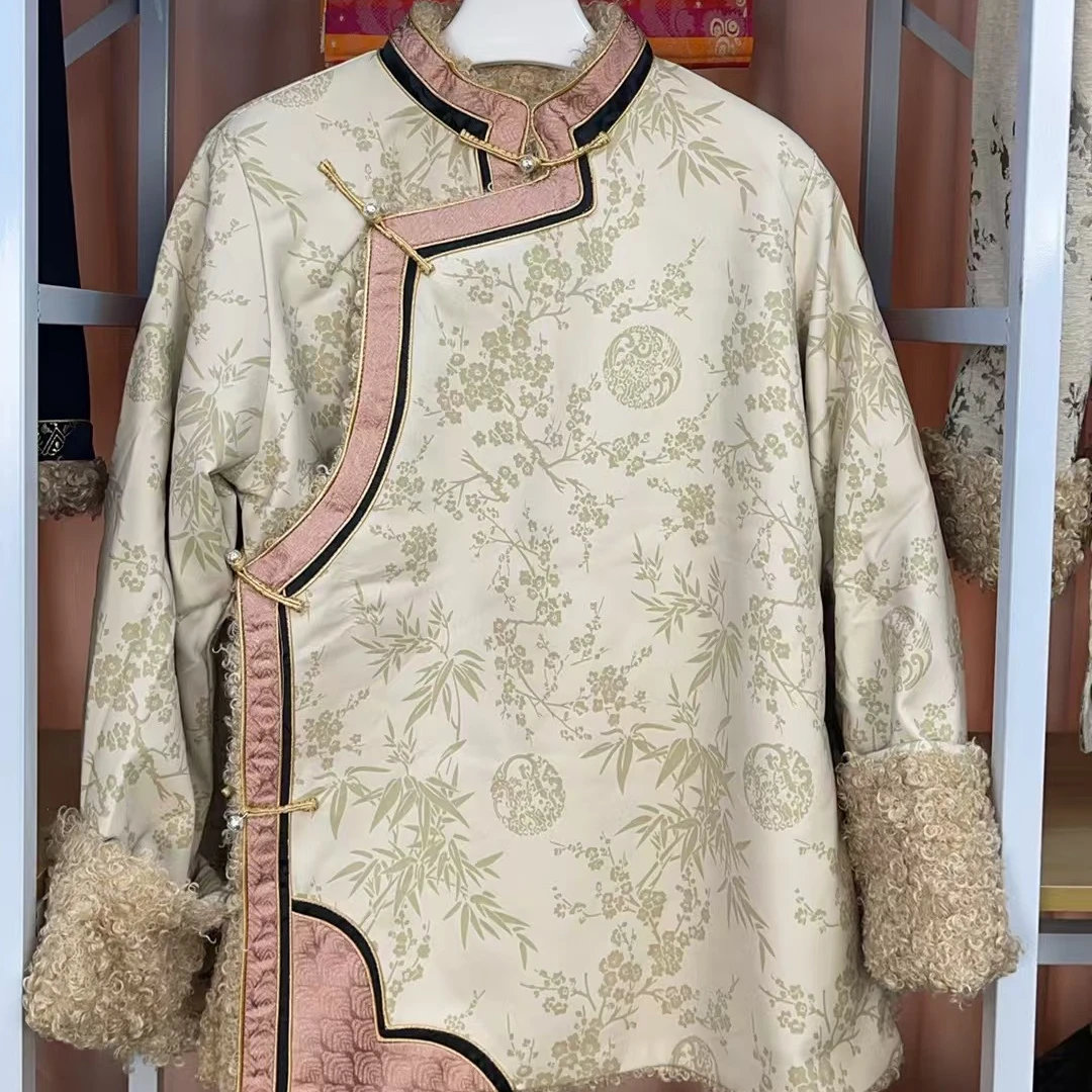 【格萨尔直播专属】女士斜襟印花刺绣藏式外套加厚冬款皮毛一体