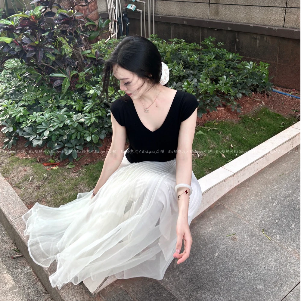 Ec轻熟风薄纱栀子白色半身裙  纯欲气质宽松长裙蓬蓬裙松弛感
