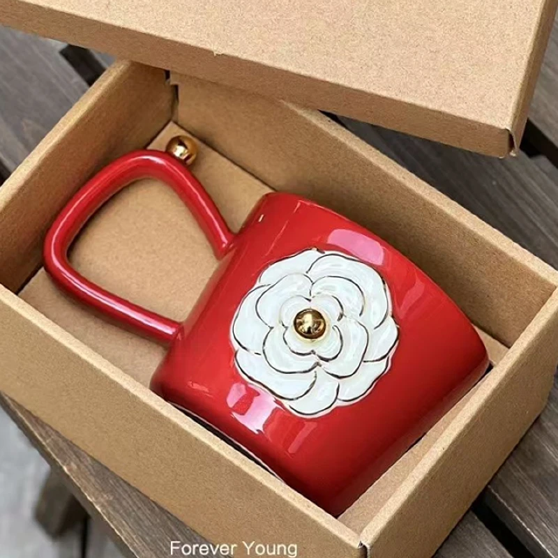 轻奢浮雕白山茶花陶瓷杯高级咖啡杯家用办公杯